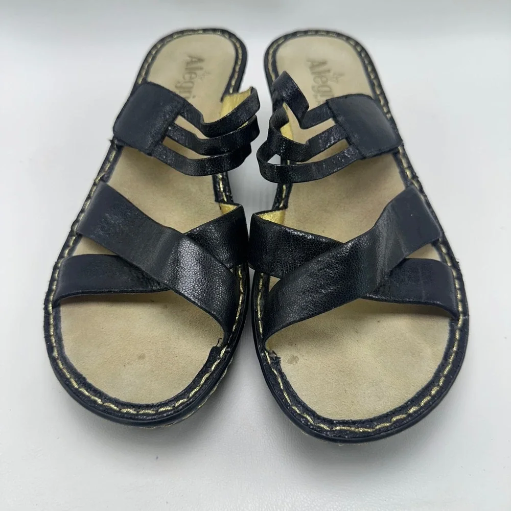 Alegria LEI-661 Black Leather Wedge Sandals Gold Lining Womens 39 US 9-9.5